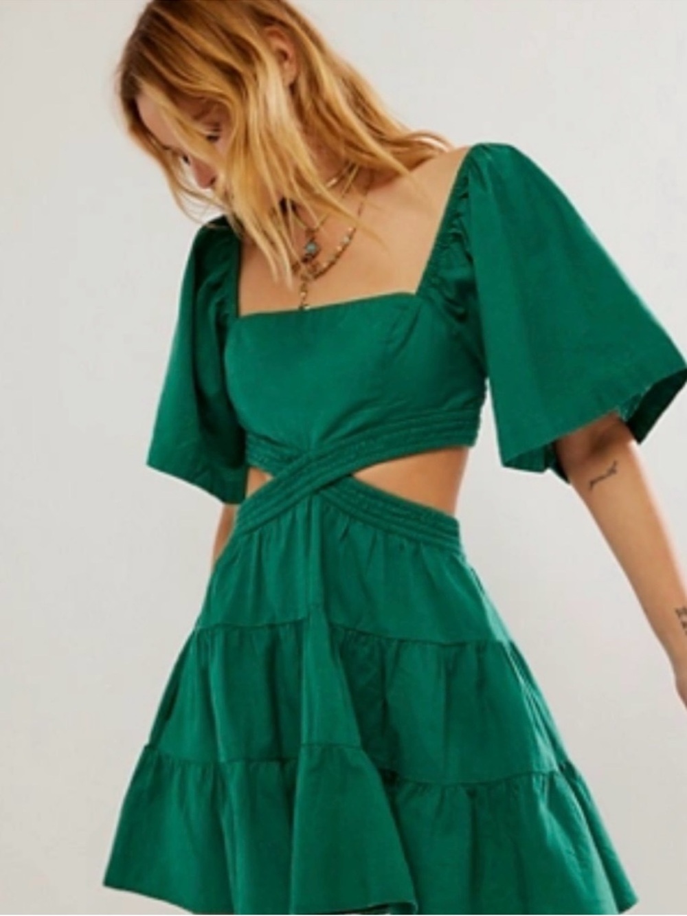Free People S - Cross of Sunlight Mini Cutout Tiered Dress in Green Gem
